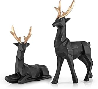 Black Matte Poly Resin 'Lucky Deer Family' Showpiece Deer Statue Figurine for Home Decor Living Room Office Home 6 Inches - Set of 2