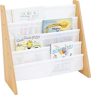Humble Crew 4-Tier Kids Bookshelf, Natural Wood/White - Premium Book Shelf for Kids Rooms with Four Deep Pockets - Toddler Sling Book Rack with Deep Sleeves, Nursery Bookcase Organizer