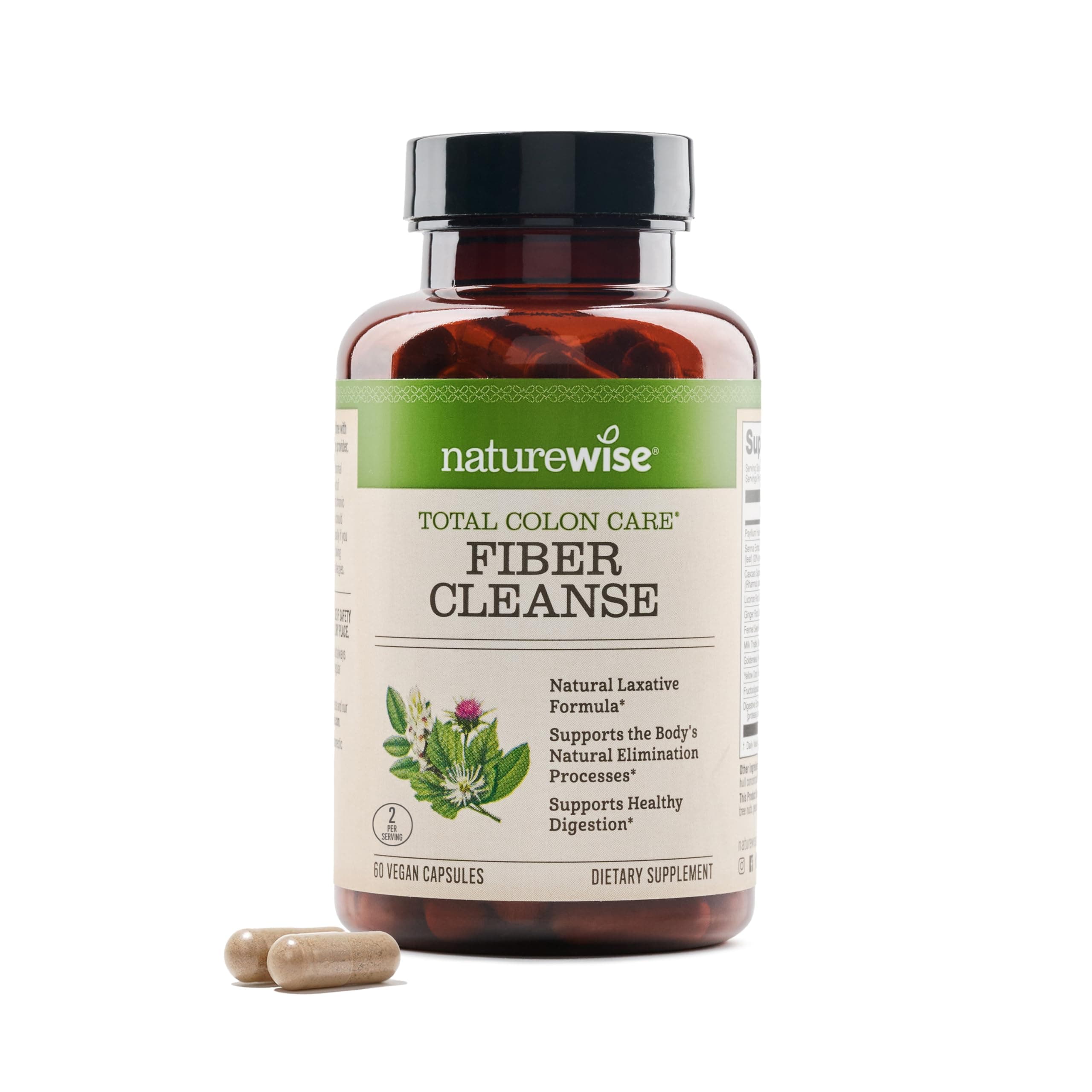 NatureWise Total Colon Care Fiber Cleanse - Natural Laxative Blend - Herbal Laxatives, Prebiotics, & Enzymes for Regularity, Digestion, Weight & Gut Health - Non-GMO - 60 Capsules[30-Day Supply]