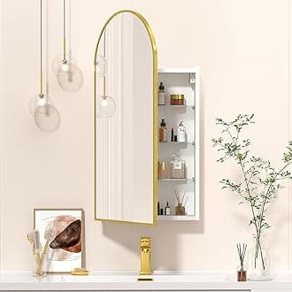 Mepplzian Bathroom Mirror with Storage,Arched Mirror Cabinet Bathroom Wall,Bathroom Cabinets with Mirror,Curved Arch Bathroom Mirror Cabinet,Brushed Gold Mirrored Bathroom Cabinets Wall Mounted,40x80
