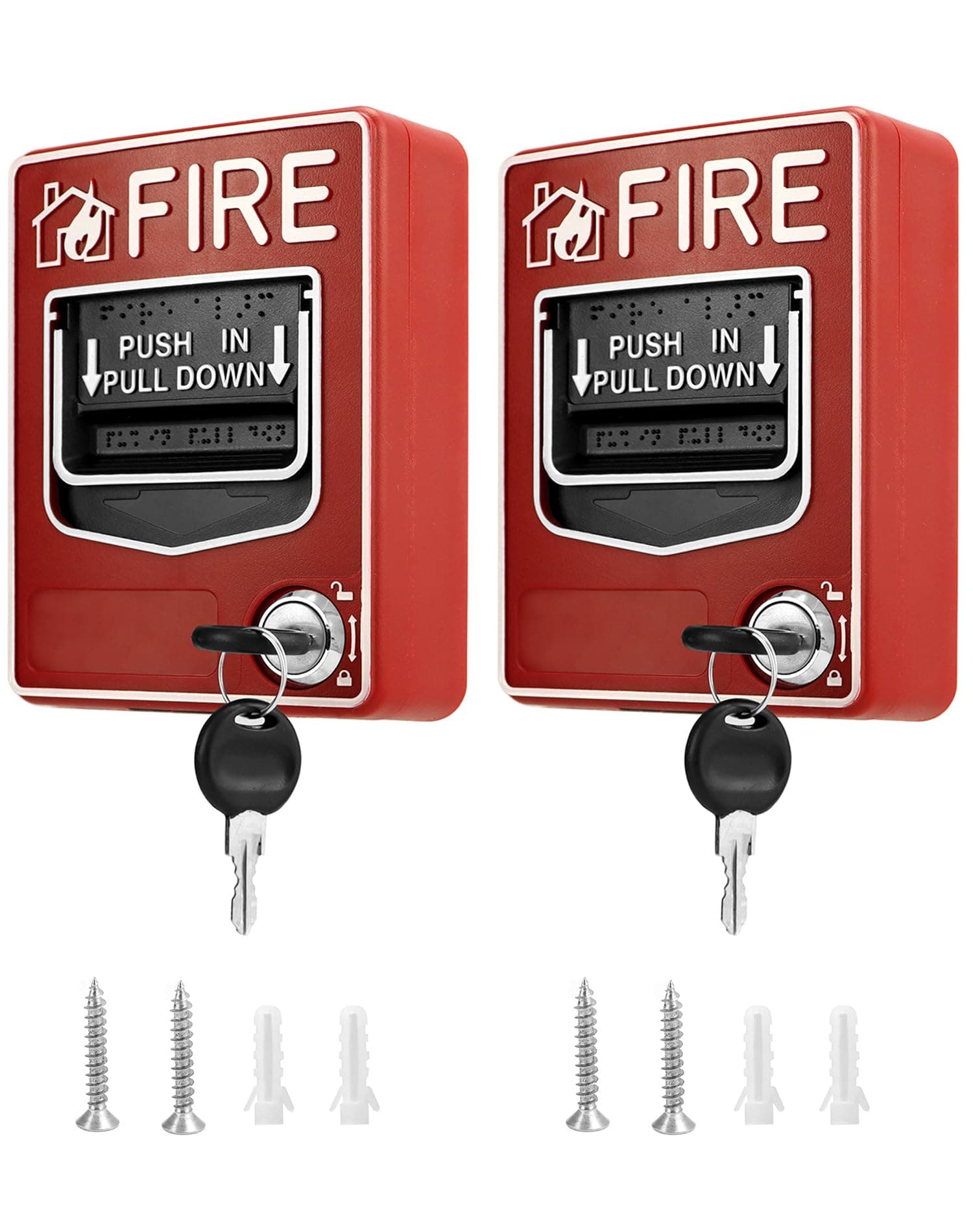 QWORK Dual Action Fire Alarm Call Point 9–28VDC – 2Pack Wired Manual Pull Station with Key Reset for Labs, Warehouses & Workshops