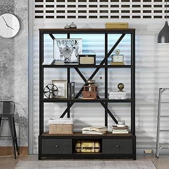 Metal Bookcase with Drawers, 3-Shelf Bookcase with LED, Display Stand for Living Room Home Office Entryway Bedroom, Walnut
