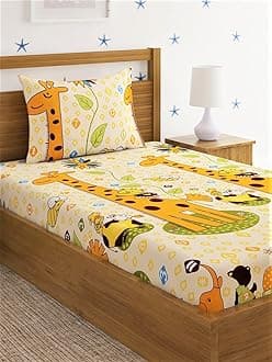 Home Sizzler 144 TC Microfibre Kid's Giraffe Single Bedsheet with 1 Pillow Cover, Yellow