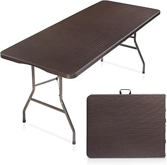 VINGLI 6 Foot Plastic Folding Table Portable Long Table for Indoor Outdoor Use Rectangular with Carrying Handle,Rattan Patterned HDPE Tabletop, Brown