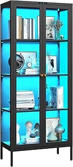 Display Cabinet with Glass Doors, Glass Display Cabinet with 8 Color LED Lights, Curio Display Cabinet with 3 Shelves for Living Room, Plant, Display Shelf, Assembly Required, Black