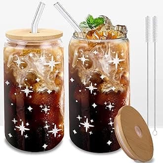 Glass Cups with Lids and Straws 2 Pack, Mason Jar Drinking Glass 16oz, Cute Preppy Iced Coffee Tumbler with Bamboo Lids & Straws, Aesthetic Stars Party & Gift Set