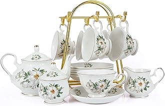 CHENP.HMC Porcelain Tea Set Tea Cup Set 22-Piece Porcelain Ceramic Coffee Tea Gift Sets Cups Saucer Service for 6 Teapot Sugar Bowl Creamer Pitcher and Teaspoons tea pot sets(Camellia)