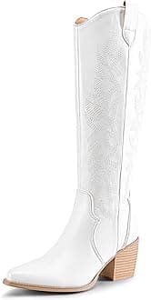 DREAM PAIRSCowboy Boots,Western Cowgirl Boots for Women,Knee High Boots,Comfortable and Fashion Pull On Zipper Chunky Heel Pointed Toe Embroidered Boots,Size 6,White,SDKB224W