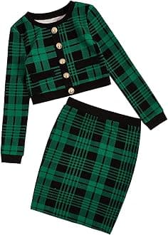 Girl's Two Piece Outfits Houndstooth Button Decor Crop Blazer Jacket and Skirt Sets