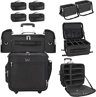 RelavelRolling Makeup Case Professional Makeup Train Case Makeup Artist Travel Organizer 5 in 1 with Detachable Cosmetic Case and Dual Makeup Brush Case and Wheels (Black, 4-Pack)