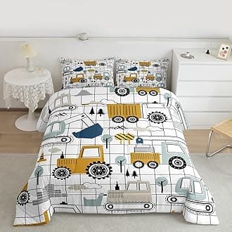 Feelyou Construction Comforter Set Twin Size Kids Excavator Tractor Toddler Comforter Cartoon Car Equipment Trucks Plaid Grid Comforter Set Construction Vehicles WhiteDuvet Set Quilt Set