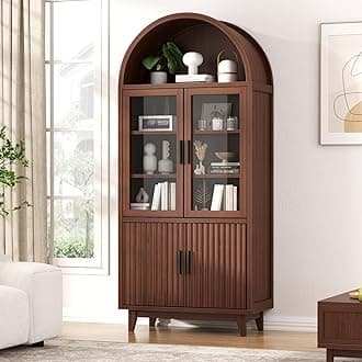 FiveWillowise 71" Tall Arched Cabinet with Glass Doors, Fluted Pantry Cabinet with Solid Wood Legs, Modern Accent Furniture for Living Room, Kitchen, Dining Room, Entryway, Walnut