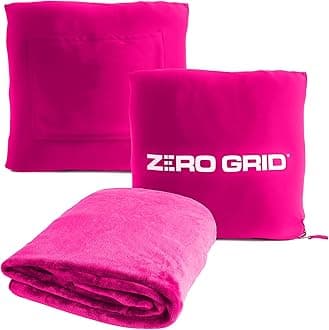 Lightweight Travel Blanket – Premium Compact Wearable Airplane Blanket with Neck Snaps, Cozy Foot Pockets, Zipper Pouch, converts to Soft Pillow for Ultimate Comfort - Hot Pink