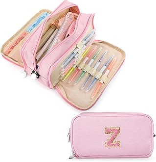 Extra Large Capacity Pencil Case 3 Compartment Initial Pencil Pouch Personalized Cute Aesthetic Stationery Pen Case Bag for School Teen Girl Boy Men Women Gift (Z, Pink)