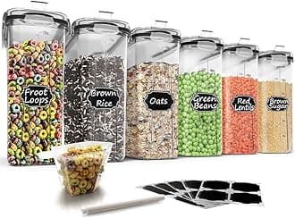Wildone Large Cereal & Dry Food Storage Containers, Airtight Cereal Storage Containers for Sugar, Flour, Snack, Baking Supplies, Leak-proof with Black Locking Lids - Set of 6 (4L /135.3oz)