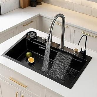 EVANEX Kitchen Sink | 37x18x9 Waterfall Sink for Kitchen Single Bowl | Integrated Waterfall & Pull-down Faucet | 304 Grade Stainless Steel Sink with Anti-Scratch Honeycomb Design