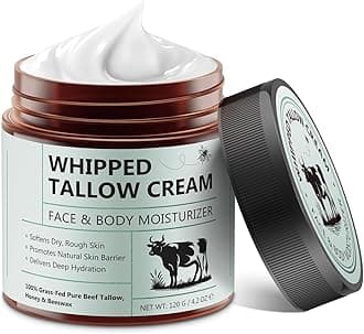 Beef Tallow Skin Care - 100% Grass Fed Pure Beef Tallow with Honey Balm, Natural Moisturizing Cream, Face and Body Deep Hydration Softens Dry Skin Nourishing, Whipped Tallow Cream 120 G