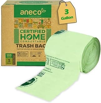 ANECO 100% Compostable Trash Bags 3 Gallon, 100 Count, Extra Thick for Countertop Bin, Small Food Waste Bags with TUV OK Compost Home and BPI certified