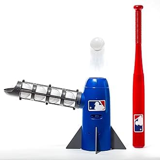 MLB Kids Pitching Machine - POP ROCKET Kids Baseball Trainer - Includes 5 Plastic Baseballs & Baseball Bat, Multicolor