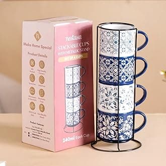 Stackable Ceramic Cups Set of 4 (240 ml Each) | Microwave & Dishwasher Safe Tea & Coffee Cups with Glossy Finish | Ideal for Gifting (Floral Blue)