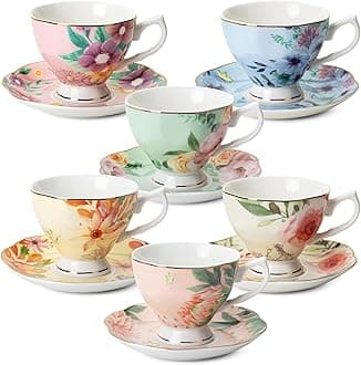 BTaT- Floral Tea Cups and Saucers, Set of 6, 8 oz, Fine Porcelain Teacup Set with Gold Trim for Afternoon Tea, Weddings, Parties & Gifting, Dishwasher Safe, Lightweight, Non-Toxic, Mothers Day Gift