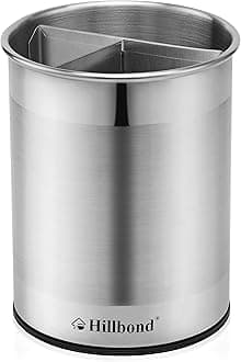 Hillbond Stainless Steel Utensil Holder with Removable Divider for Easy Clean, 360° Rotating Kitchen Utensil Crocks with Weighted Base for No Tipping Over, Utensil Caddy Organizer (LARGE)