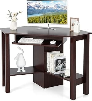 Tangkula Corner Desk, Corner Computer Desk, Wood Compact Home Office Desk, Laptop PC Table Writing Study Table, Workstation with Smooth Keyboard Tray & Storage Shelves