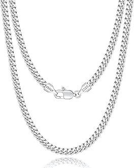Solid 925 Sterling Plated Silver Chain Necklace for Men Boys Women, 4mm Diamond Cut Curb Link Cuban Chain for Men, Sturdy & Comfortable & Shiny Italian Men's Chain 16 18 20 22 24 26 Inch