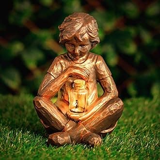 Solar Boy Statue Firefly Jar with Solar Powered Light Lantern Bronze Effect Resin Garden Ornaments Weatherproof Durable Patio Lawn Home Garden Statues Balcony Decor
