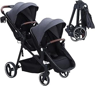Double Stroller for Infants and Toddlers, Foldable Tandem Stroller, Reversible Pushchair Bassinet Pram with Large Storage Basket, Adjustable Backrest & Canopy, Dark Grey