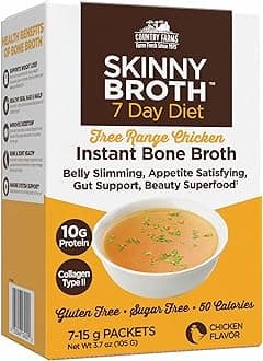 COUNTRY FARMSSkinny Broth, Instant Chicken Bone Broth, 10G Protein, Collagen Type II, Promotes Better Digestion, Supports Bone Health, 7 Day Plan, 7-15g Packets