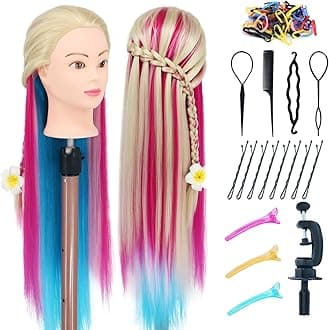 Eumos Mannequin Head with Hair, 29'' Training Head Braiding Doll Head for Hair Styling Manikin Cosmetology Mannequin Head Practice Model Head with Clamp Holder(Colorful)