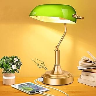 Bankers Lamp with 2 USB Ports, Touch Control Green Glass Desk Lamp with Brass Base, 3-Way Dimmable Vintage Desk Lamp for Home Office Workplace Nightstand Bedroom Library Piano, LED Bulb Included