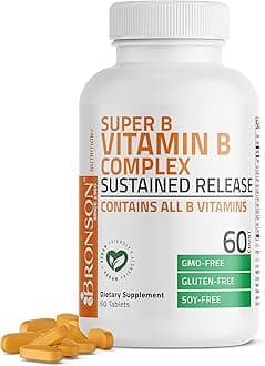 Bronson Super B Vitamin B Complex Sustained Slow Release (Vitamin B1, B2, B3, B6, B9 - Folic Acid, B12) Contains All B Vitamins 60 Tablets