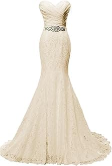 SOLOVEDRESS Women's Lace Wedding Dress Mermaid Evening Dress Bridal Gown with Sash (US 16 Plus, Champagne)