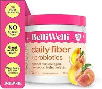 BelliWelli Fiber Supplement for Women & Men – Premium Daily Fiber Powder from Organic Acacia with Added Collagen, Electrolytes & Probiotics – No Bloat, Constipation & Gut Health Support (Peach Mango)