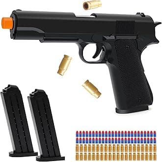 - EagleGrove Soft Bullet Toy Gun with Shell Ejecting, Black Toy Pistol Guns with 50 Foam Bullets, Fake Prop Gun for Halloween Costume/Cosplay, Outdoor Shooting Game Toys Gifts for Christmas Birthday