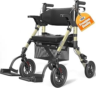 VOCIC Walkers-for-Seniors, Rollator-Walker-with-Seat, Transport-Wheelchair-Lightweight-Foldable, Adult Rolling Walker, Rollator Transport Chair with Brakes, 2 in 1 Walker Wheelchair Combo Z51