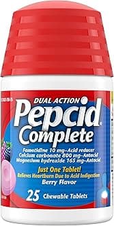 Pepcid Complete Acid Reducer + Antacid Chewables, 10mg Famotidine, 800mg Calcium Carbonate & 165mg Magnesium Hydroxide per Heartburn Medicine Tablet, Antacid Chews, Berry, 25 ct