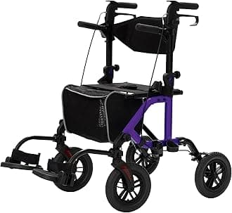 ELENKER All-Terrain 2 in 1 Rollator Walker & Transport Chair, Folding Wheelchair with 10” Non-Pneumatic Wheels for Seniors, Reversible Backrest & Detachable Footrests, Purple