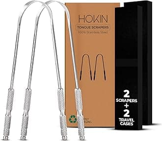 Tongue Scraper for Adults by HOKIN (2Pcs Oral Care Pack) Stainless Steel Tongue Cleaners Reduce Bad Breath 100% Metal Tough Scrapers Men and Women Hygiene Product