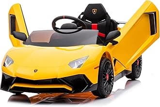 Kidzone Kids Electric Ride On 12V Licensed Lamborghini Aventador Battery Powered Sports Car Toy with 2 Speeds, Parent Control, Sound System, LED Headlights & Hydraulic Doors - Yellow