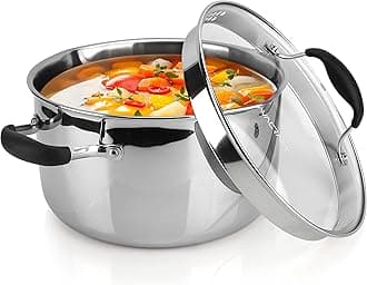 Tri-Ply Stainless Steel Stockpot with Glass Strainer Lid, Side Spouts, 6 Quart Pot, Multipurpose Stock Pot, Sauce Pot (Tri-Ply Full Body, 6QT)