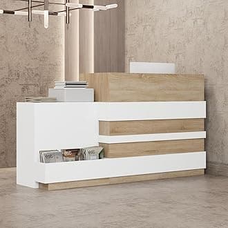 FAMAPY Reception Desk with Drawer & Cabinet, Reception Counter Desk with Keyboard Tray, Front Reception Table Retail Counter for Checkout, for Office Store, Oak and White, 25.2”D x 87.2”W x 47.2”H
