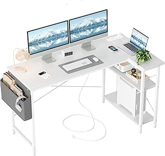 TIQLAB L Shaped Computer Desk with Power Outlets, 55 Inch Small Corner Desk with Reversible Shelves, Gaming Desk Computer Table Study Writing Desk for Home Office Small Space, White