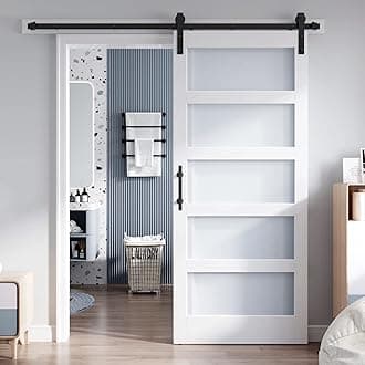 36 x 80 Inch Glass Sliding Barn Door Slab and 6.6ft Hardware Kit Included, 5 Frosted Glass, LVL Wood Panel Covered with White Water-Proof Scratch-Resistant PVC Surface, Simple DIY Assembly