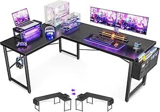 Casaottima L Shaped Computer Desk with Storage Bag, 57.5 Inch Reversible Gaming Desk, Home Office Corner Desk with Monitor Shelf, Space-Saving Writing Workstation Table, Classic Black