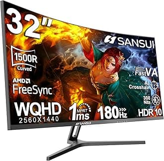 - 32-Inch Curved Gaming Monitor WQHD 2560 x 1440 180Hz Curved 1500R -Fast VA,1ms(OD), HDR, 300nits, sRGB 125%, DCI-P3 95%, FreeSync, HDMI x2, DP1.4x2(DP Cable Included)