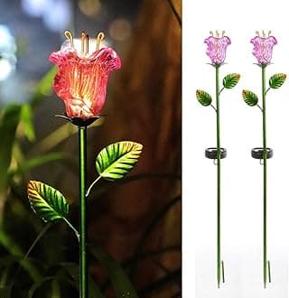 Joyathome Outdoor Solar Garden Stake Lights, 2 Pack Solar Powered Stake Lights with Pink Glass Lily Flower,Warm White LED Solar Metal Landscape Decorative Lights for Patio,Yard Decoration