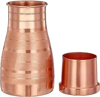 KC Pure Copper Designer Copper Water Bottle | Pitchers | Water Jug | Bedroom Jar | Bedside Bottle Carafes with Tumbler/Glass with Lid 1250 ML (Diamond Touch)